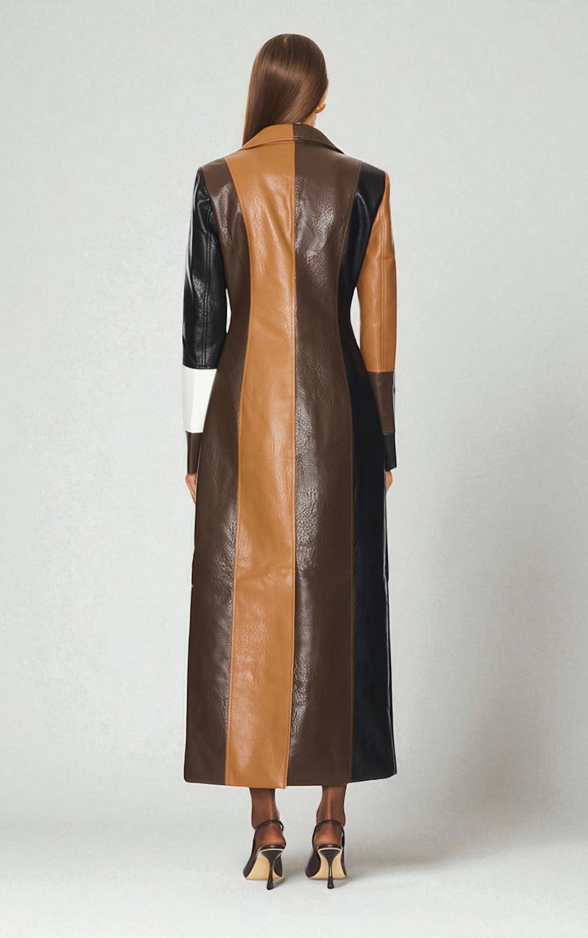 Close-up detail of the colorblock notched lapel coat