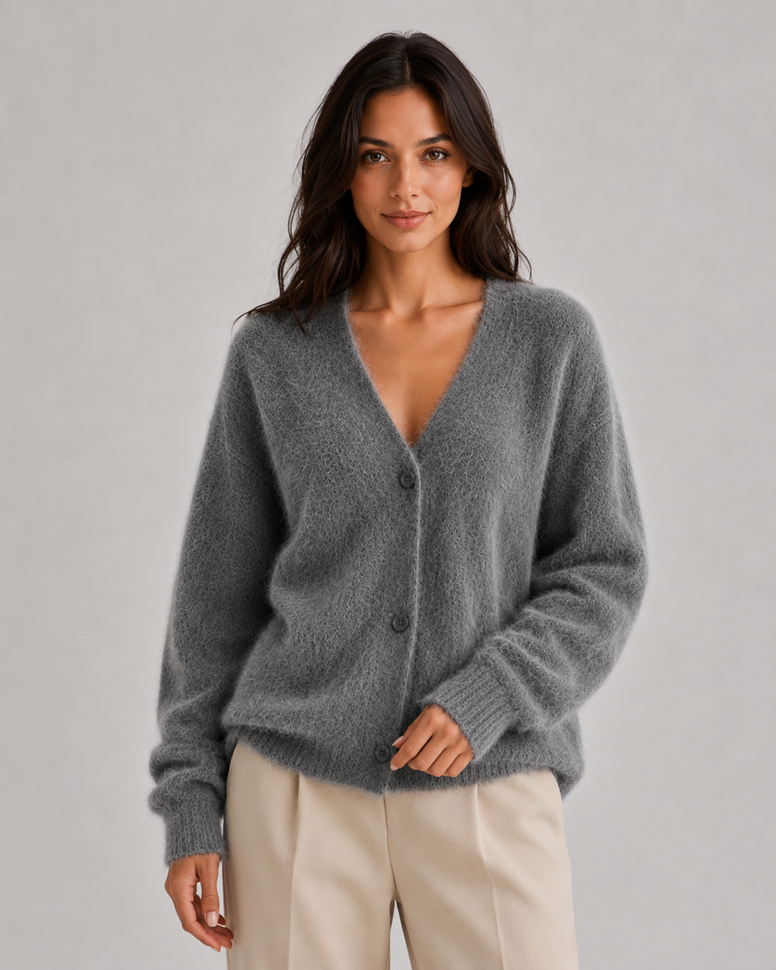 Women's dark grey fluffy button front V-neck cardigan, front view