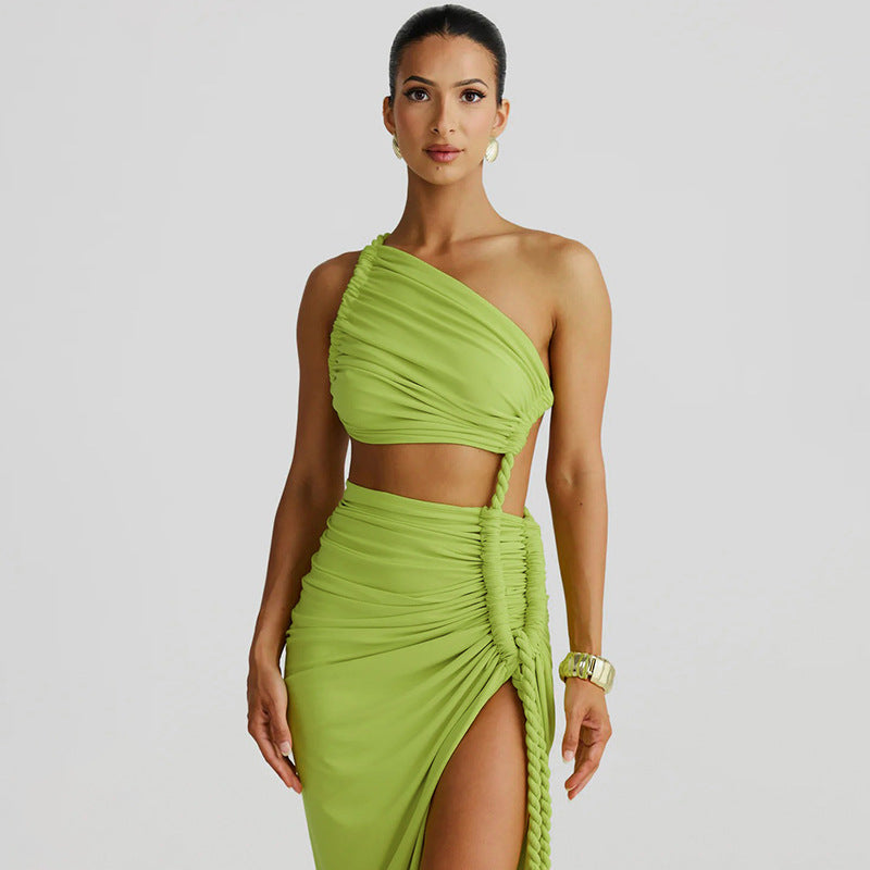 Women's green flowy maxi dress, front view