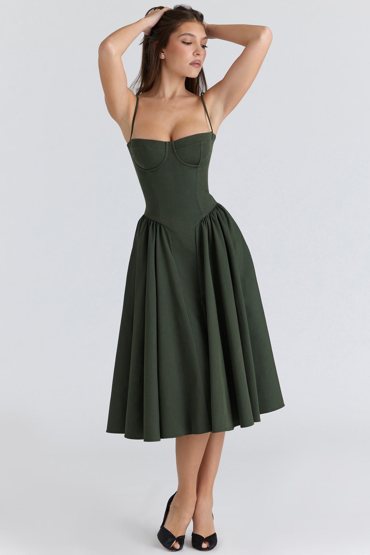 Emerald green sweetheart midi dress, side view