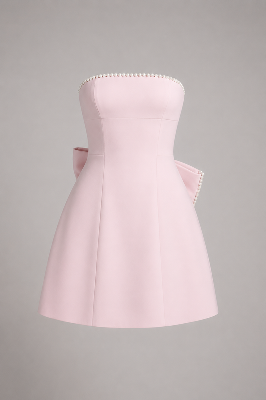 A light pink strapless mini dress with a structured corset-style bodice, flared skirt, and a matching bow at the waist, accented with a row of white pearls at the neckline and side.