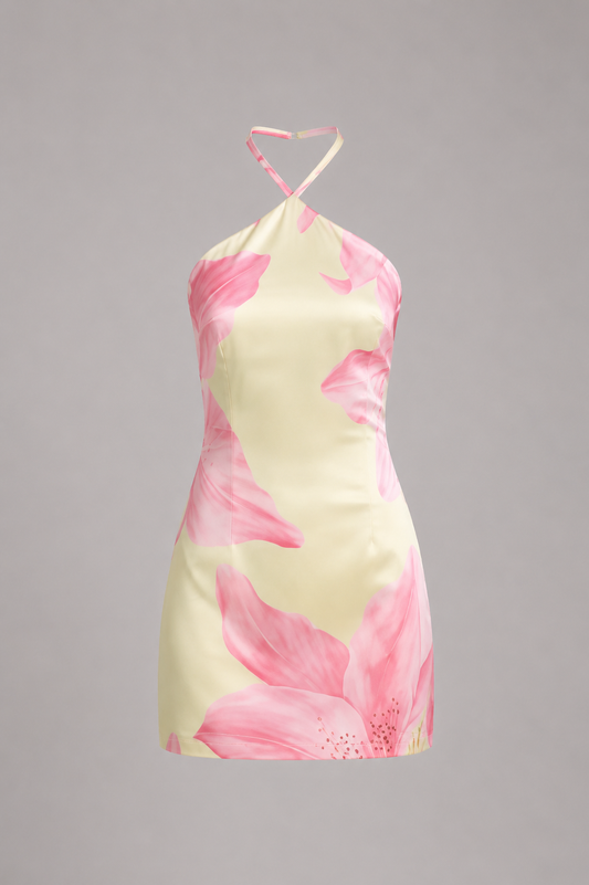A halter-neck satin dress with a large pink floral print on a pale yellow background, shown against a solid gray studio backdrop.