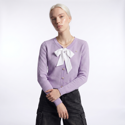 Women's lilac bow tie waffle knit cardigan, front view