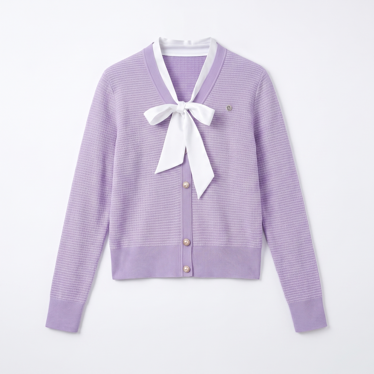 Lilac bow tie cardigan, flat lay showing the full garment