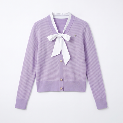 Lilac bow tie cardigan, flat lay showing the full garment