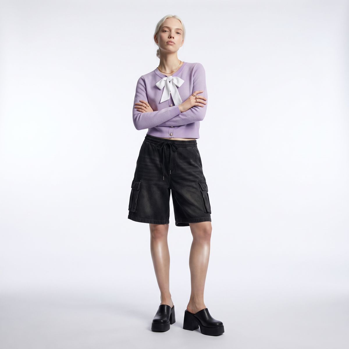 Women's lilac bow tie cardigan styled look, front view