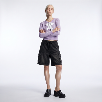 Women's lilac bow tie cardigan styled look, front view