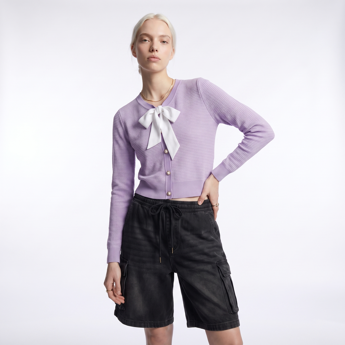 Lilac bow tie waffle knit cardigan, three-quarter view