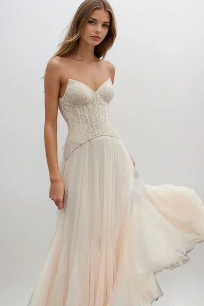 Women's beige bridesmaid maxi dress, front view