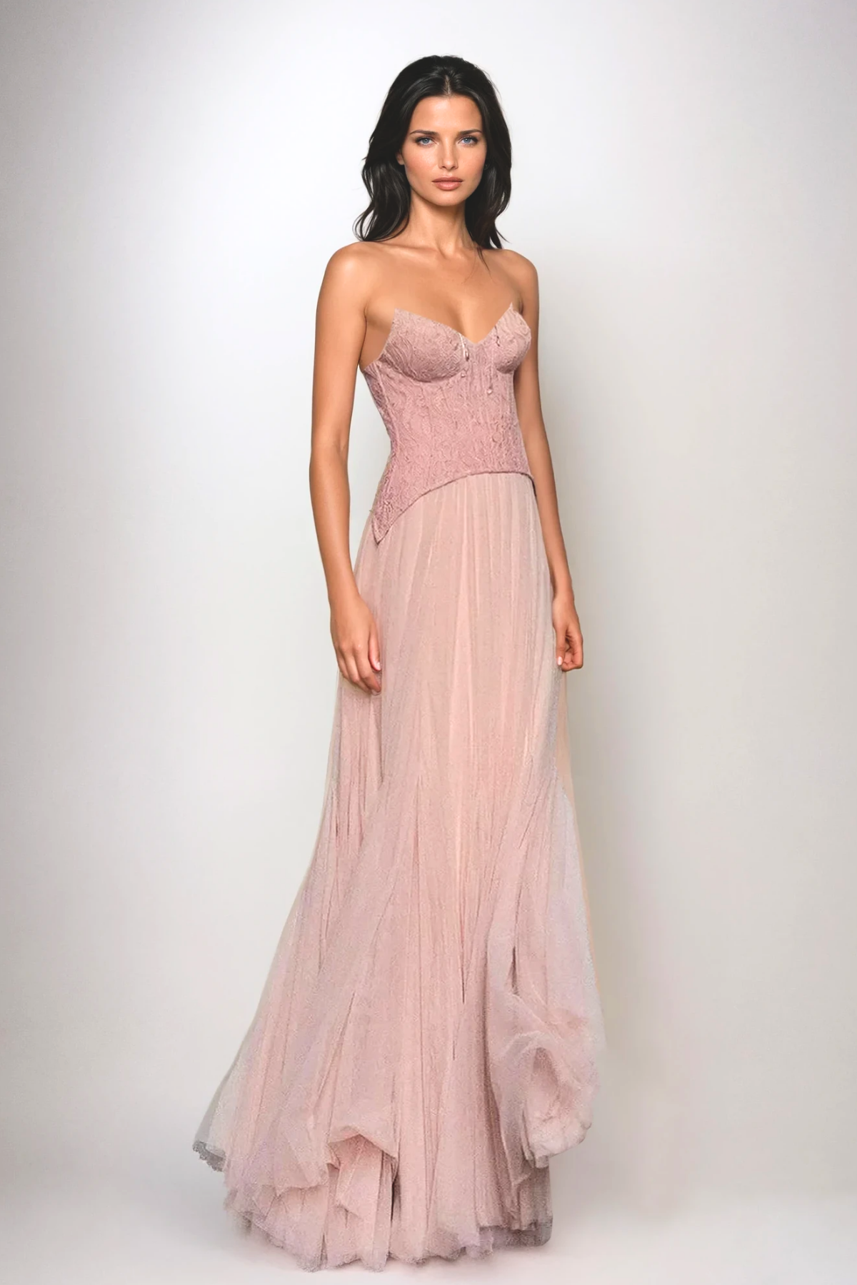 Women's pink bridesmaid maxi dress, front view