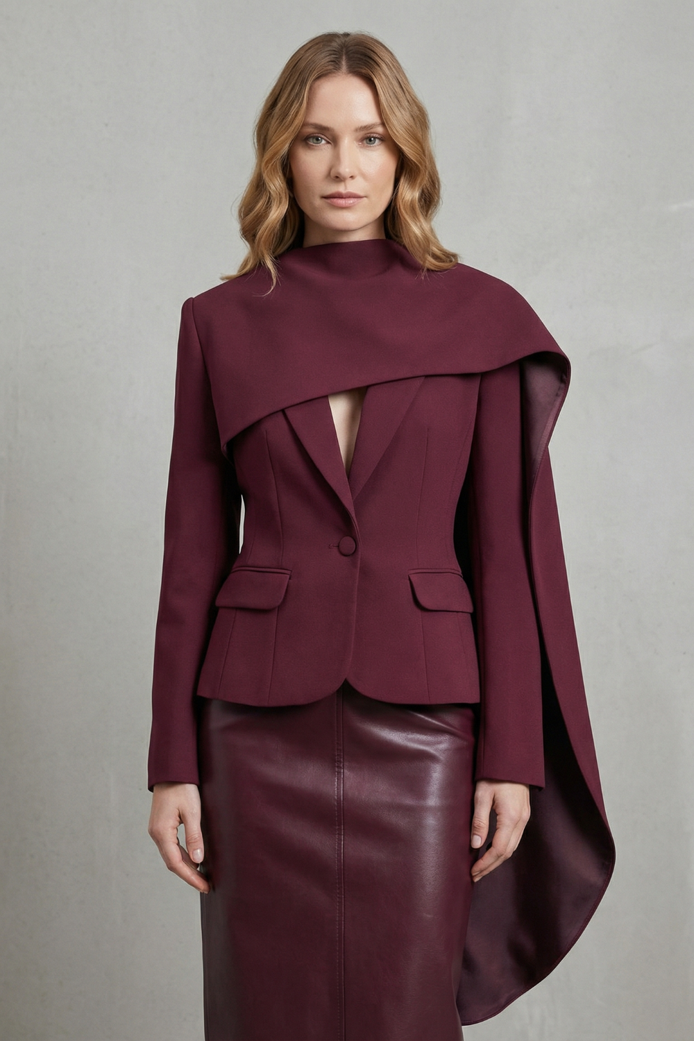 Burgundy asymmetric blazer showing the draped lapel over one shoulder
