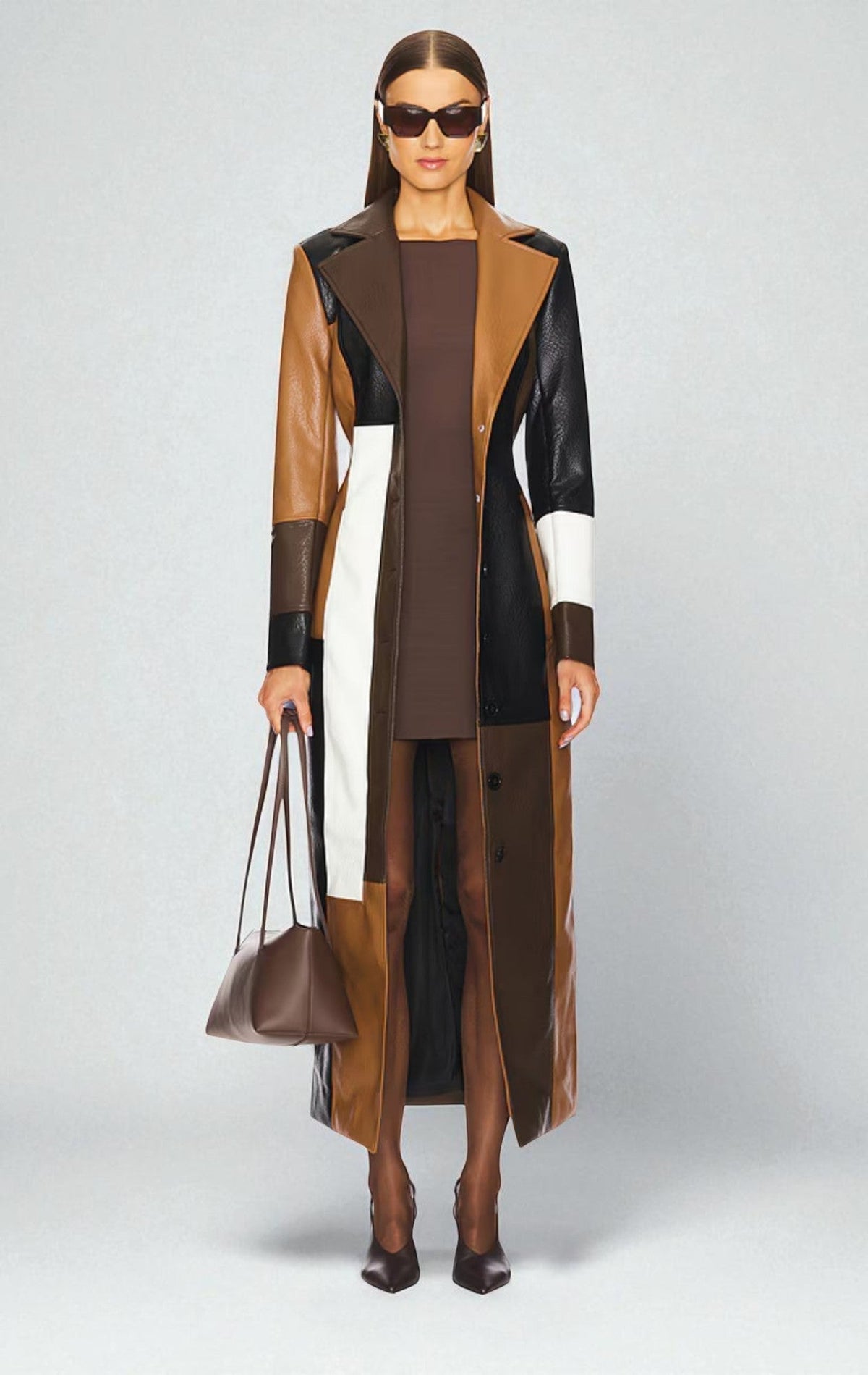 Women's colorblock notched lapel button coat, front view
