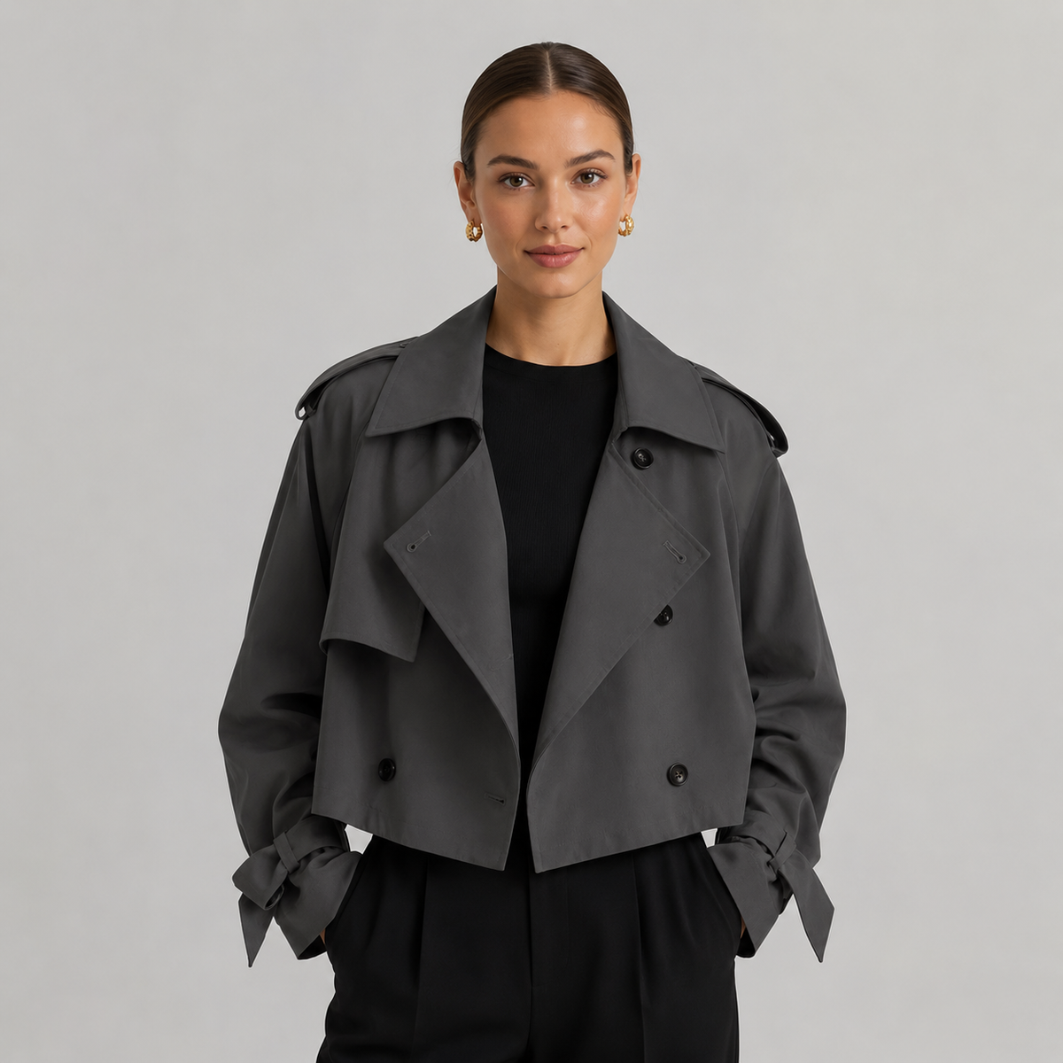 Women's cropped trench coat in an alternate colorway, front view