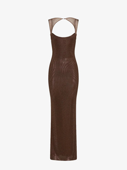 Women's brown evening maxi dress, front view