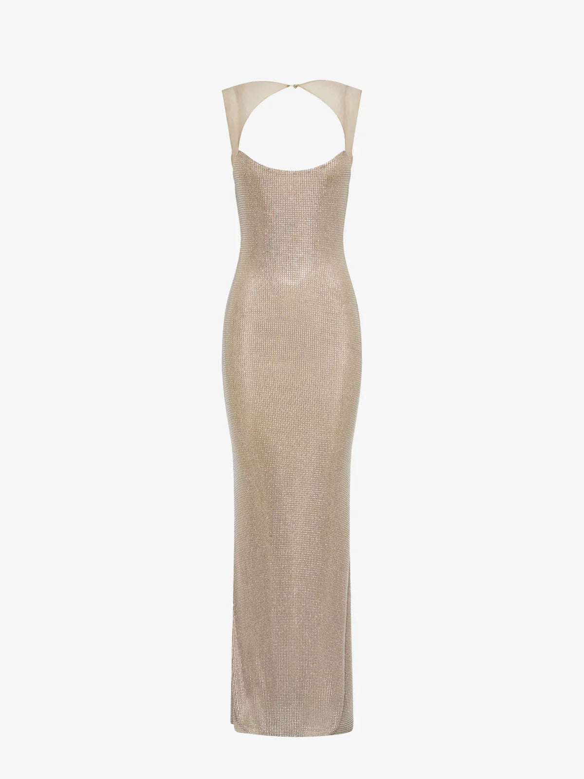 Women's silver evening maxi dress, front view