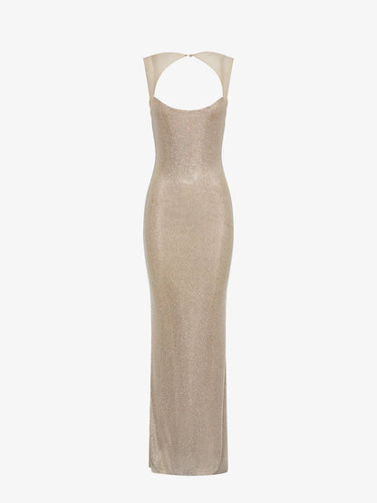 Women's silver evening maxi dress, front view