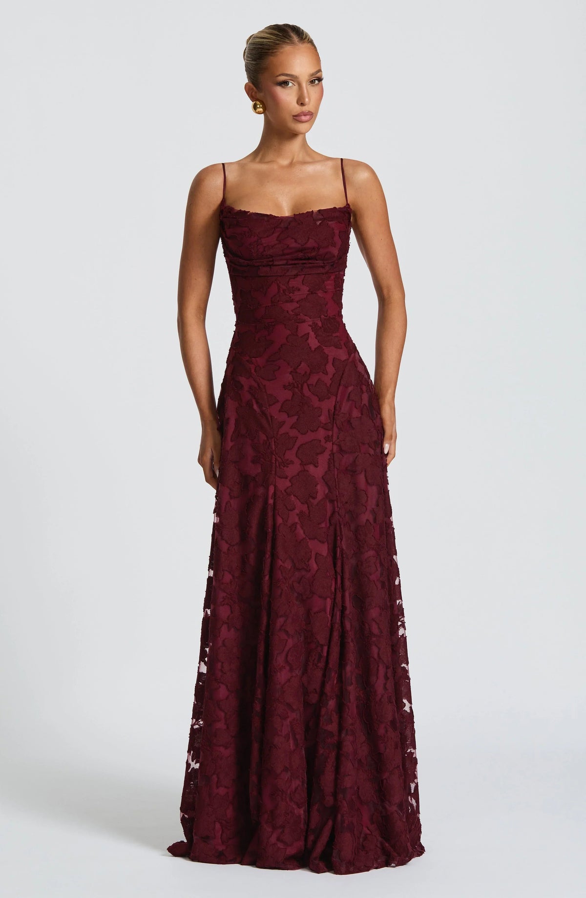 Women's cherry red floor-length maxi dress, front view