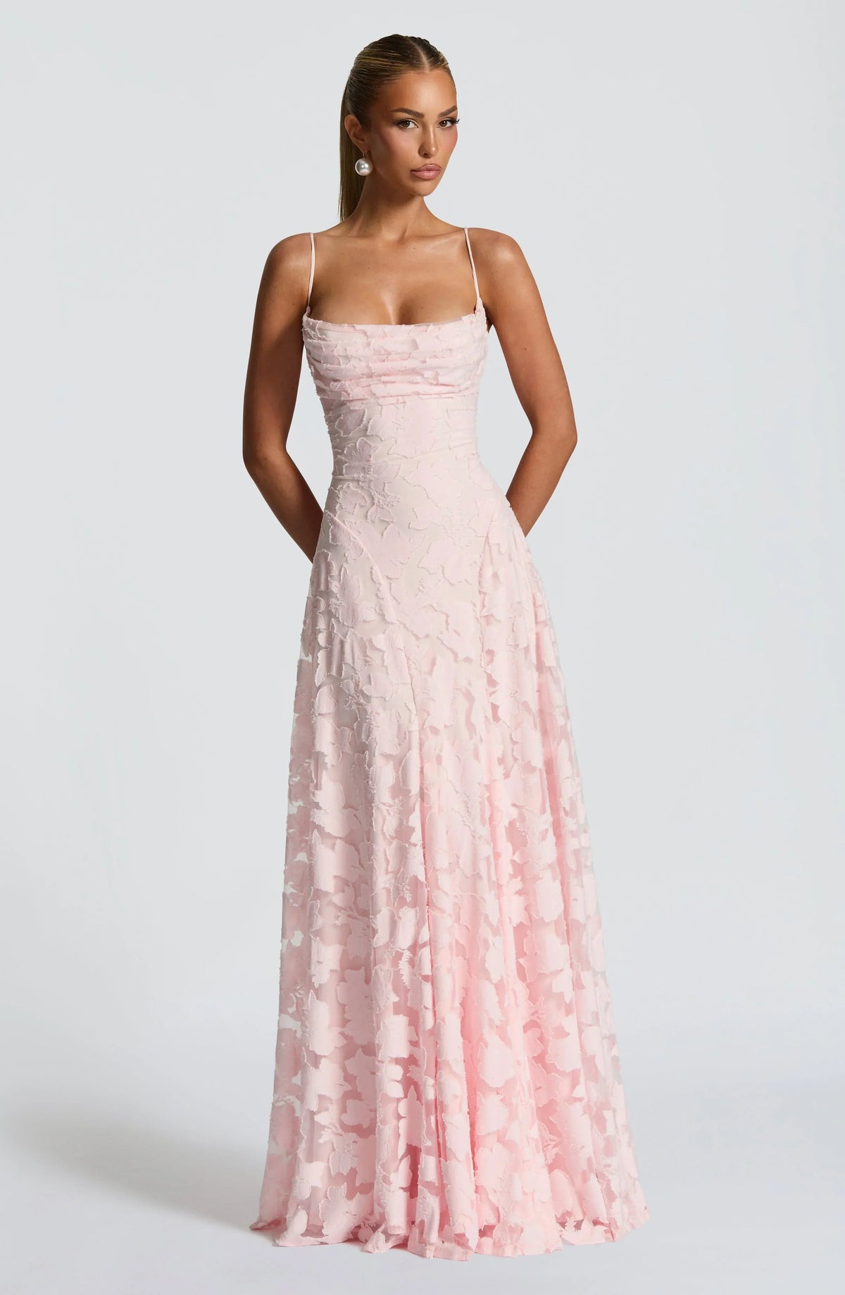 Women's soft pink floor-length maxi dress, front view