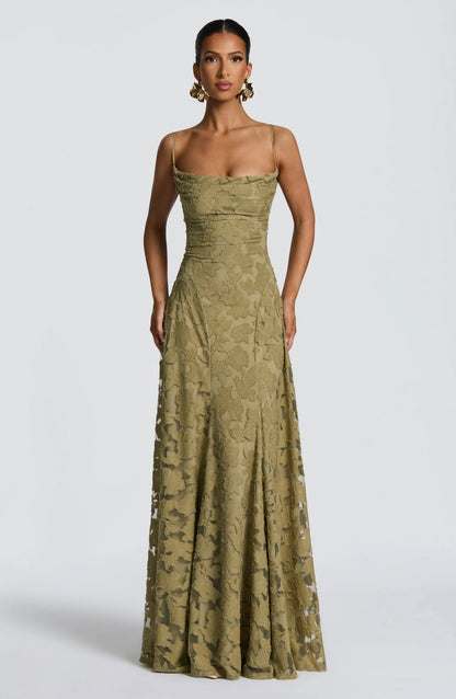 Women's sage green floor-length maxi dress, front view
