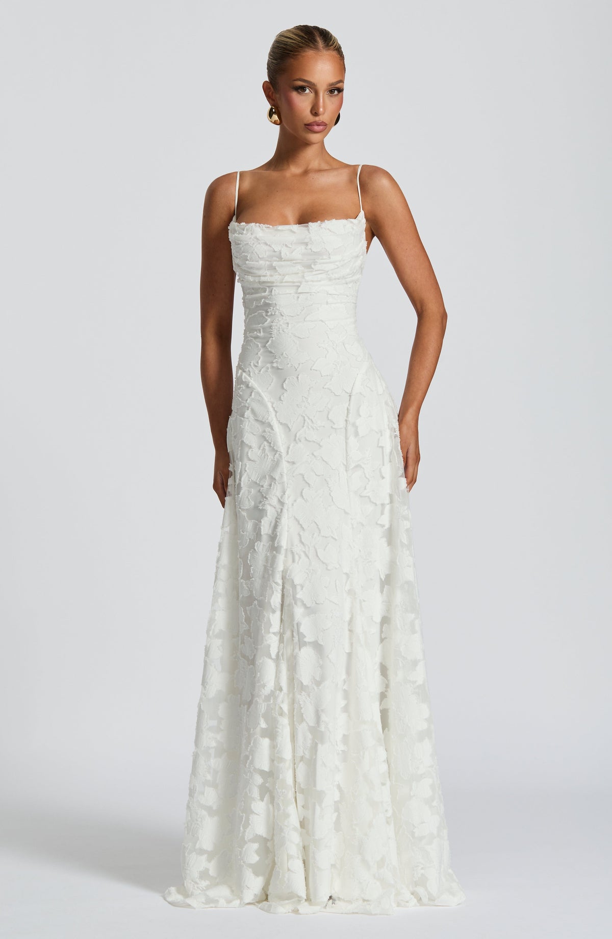 Women's white floor-length maxi dress, front view