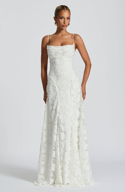 Women's white floor-length maxi dress, front view
