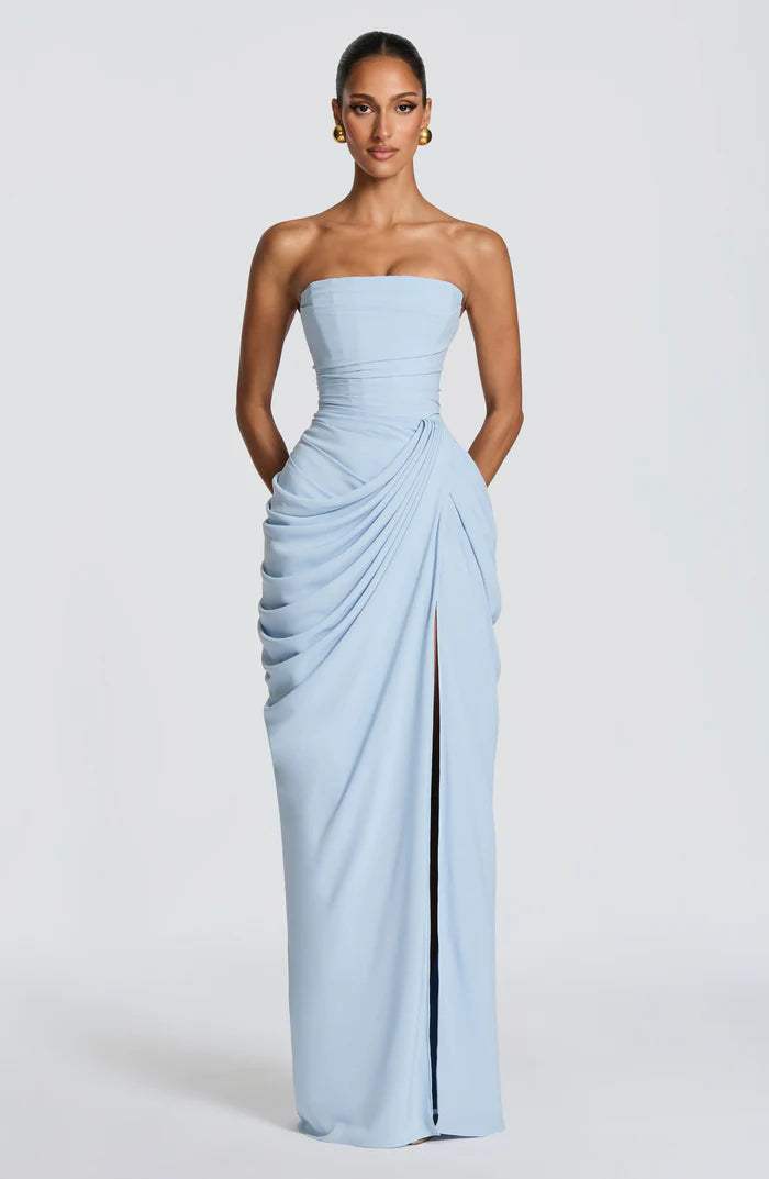 Women's light blue floor-length maxi dress, front view