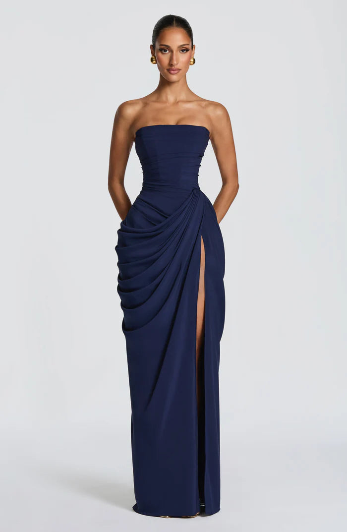 Women's navy floor-length maxi dress, front view