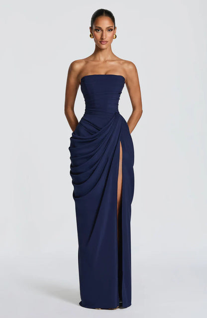 Women's navy floor-length maxi dress, front view