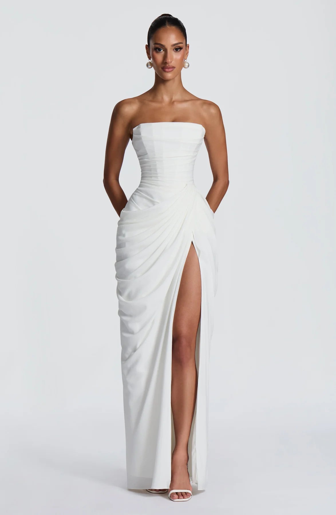 Women's white floor-length maxi dress, front view