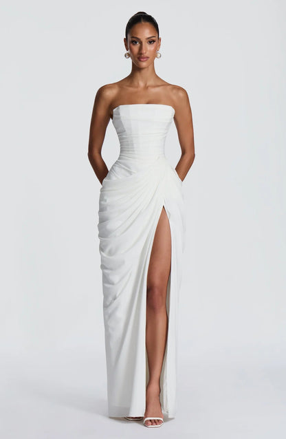 Women's white floor-length maxi dress, front view