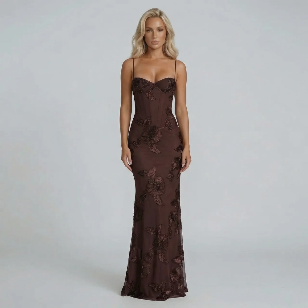 Women's brown floral embroidered bustier maxi dress, front view
