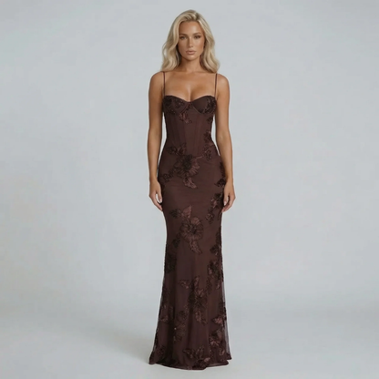Women's brown floral embroidered bustier maxi dress, front view