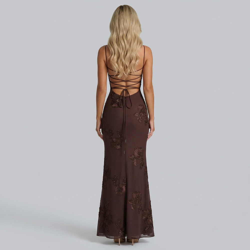 Brown embroidered maxi dress with sweetheart neckline, detail view