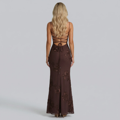 Brown embroidered maxi dress with sweetheart neckline, detail view