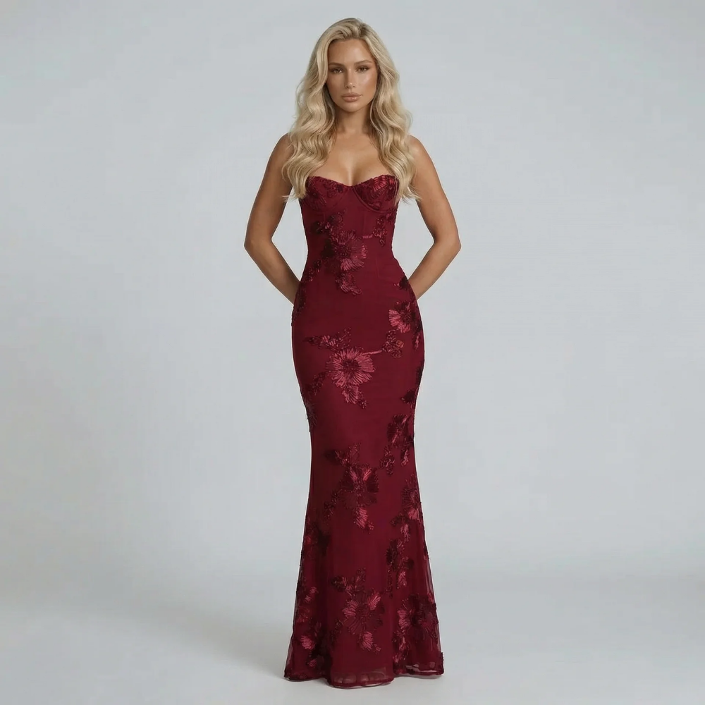 Women's red floral embroidered bustier maxi dress, front view