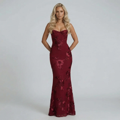 Women's red floral embroidered bustier maxi dress, front view