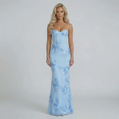 Women's light blue floral embroidered bustier maxi dress, front view