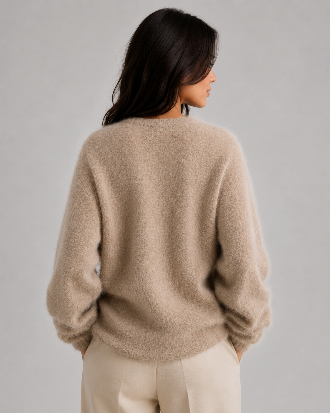 Women's khaki fluffy button front V-neck cardigan, styled view