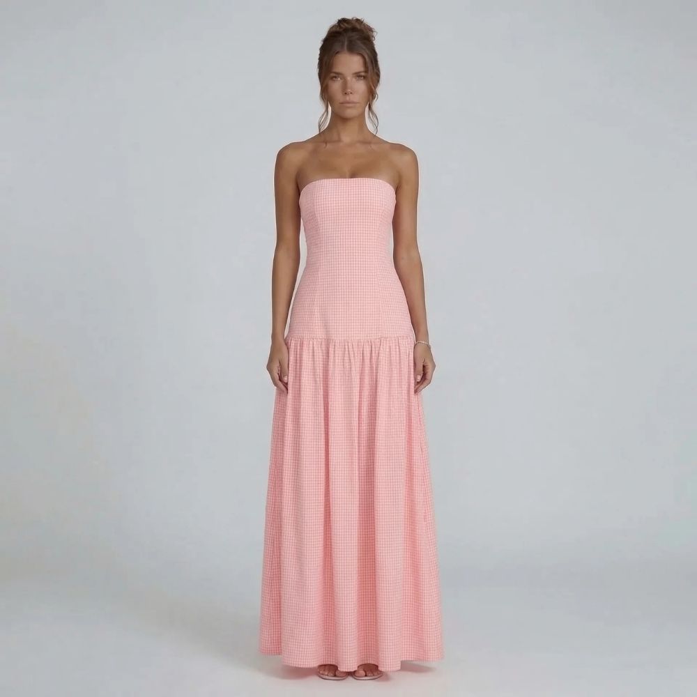 Women's pink gingham strapless drop waist maxi dress, front view
