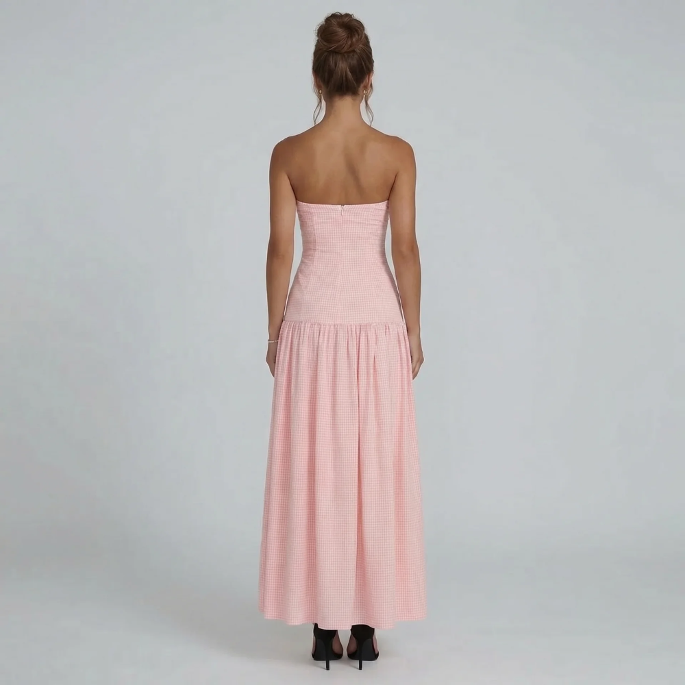 Women's black gingham strapless drop waist maxi dress, front view