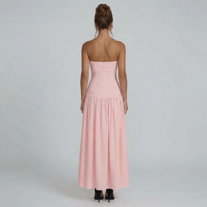 Women's black gingham strapless drop waist maxi dress, front view