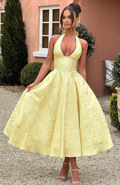 Lemon halter floral midi dress, back view