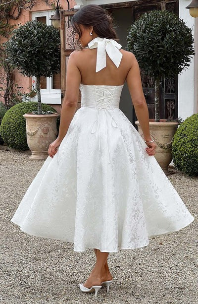 Women's ivory halter floral midi dress, front view