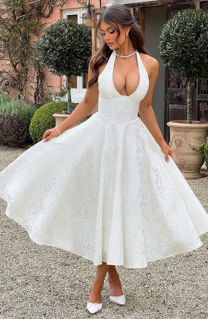 Ivory halter floral midi dress, side view