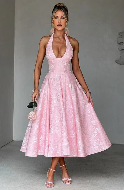 Women's blush halter floral midi dress, front view