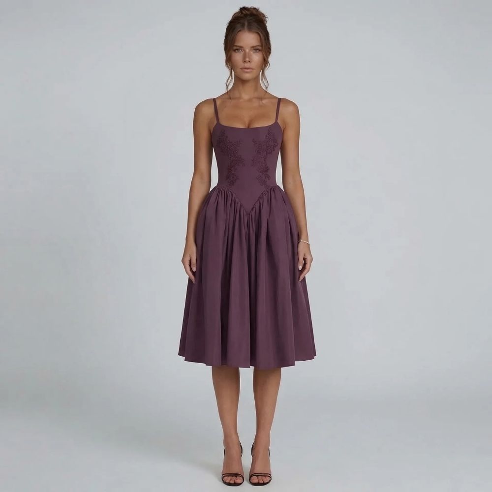 Women's purple lace square neck pleated midi dress, front view