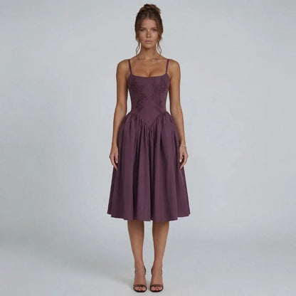Women's purple lace square neck pleated midi dress, front view