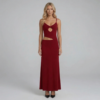 Women's burgundy mesh cutout waist maxi dress with V-neck, front view