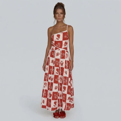 Women's patchwork floral one-shoulder maxi dress in red and white, front view