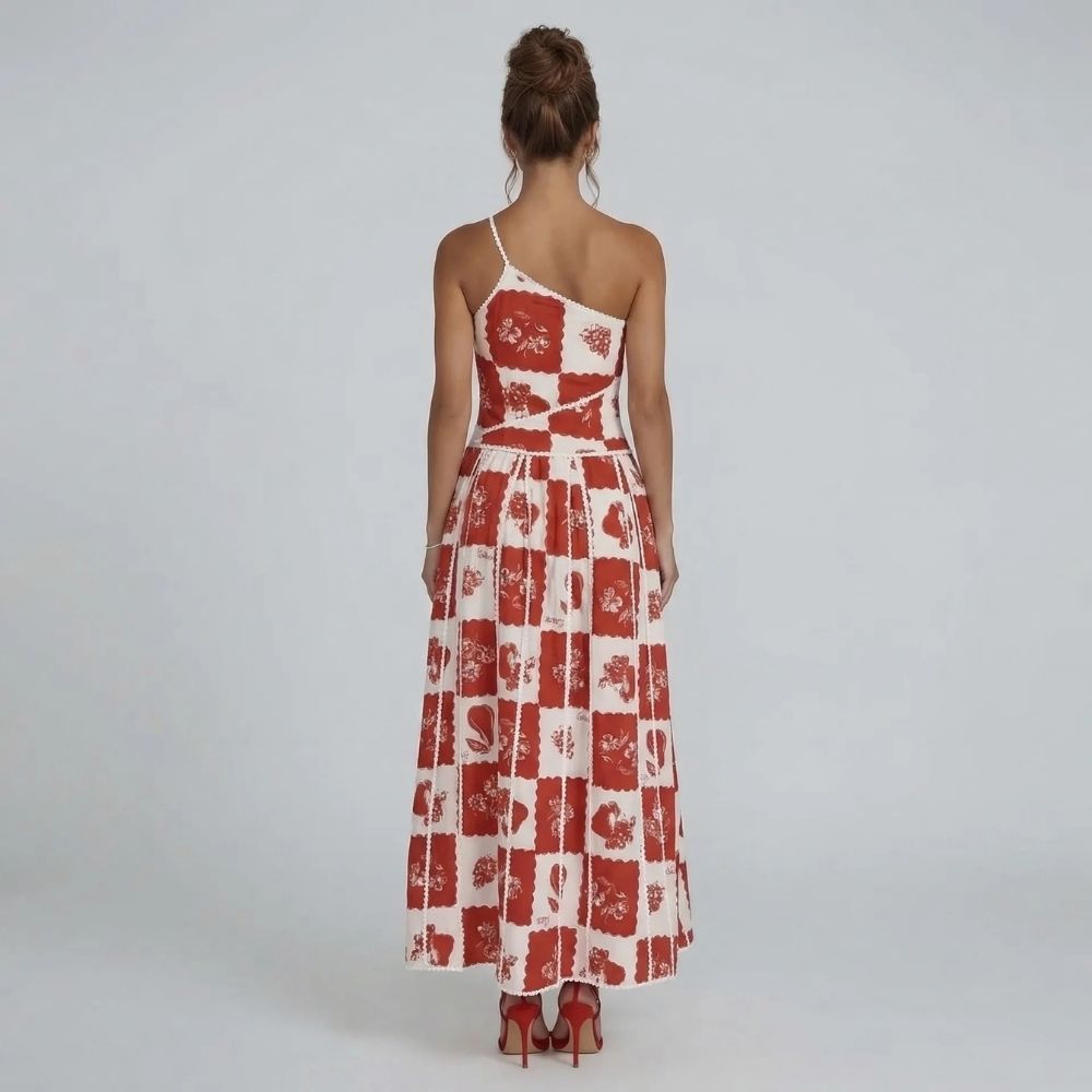 Women's patchwork floral one-shoulder maxi dress in red and white, back view with scalloped trim